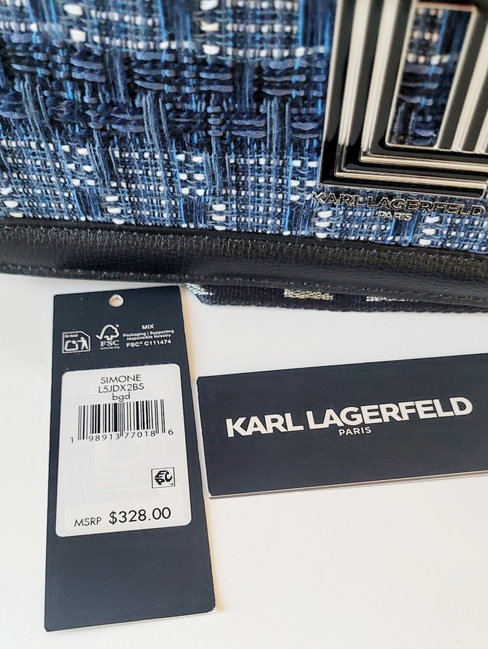 Karl Lagerfeld Navy Tweed with Black Leather Trim and Floral Appliqués - Picture 5 of 6